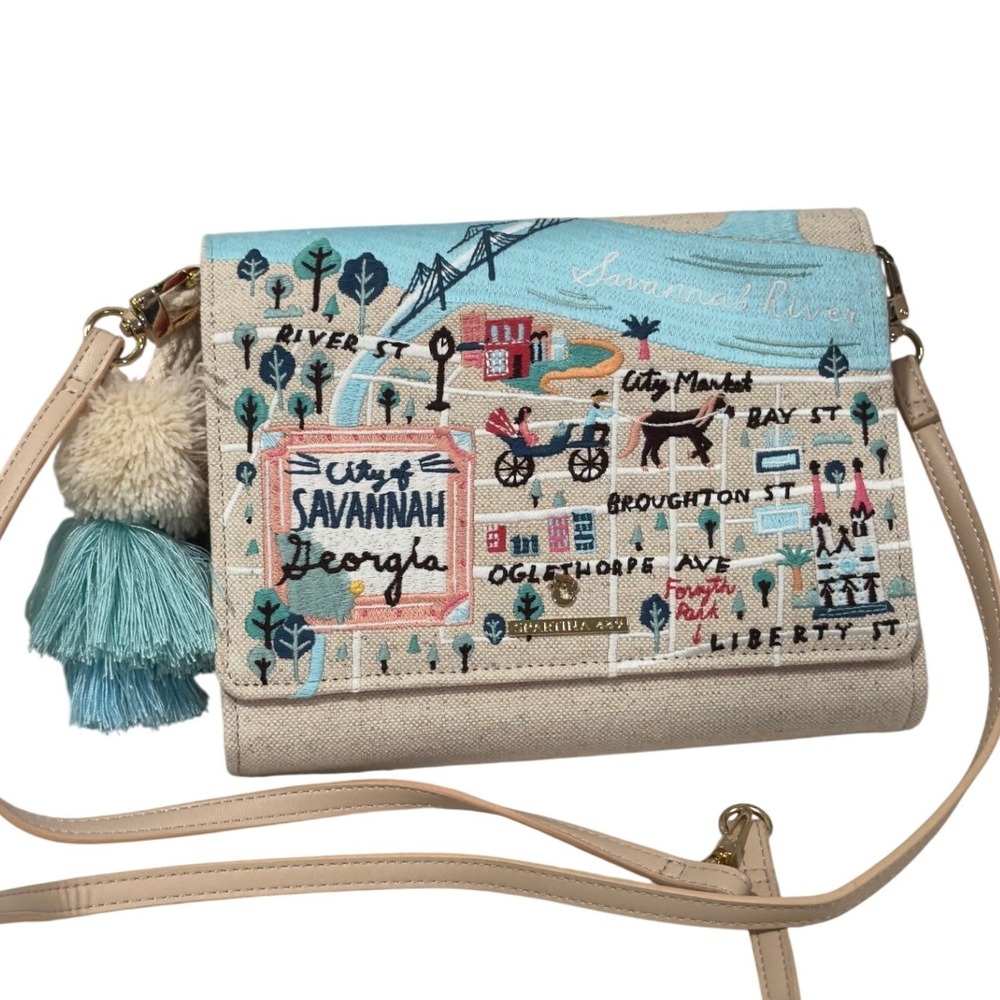 Spartina 449 Savannah Georgia Map Linen Crossbody Bag Embroidered Tassel Pink
